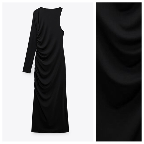NWT. Zara Black Asymmetric Draped Midi Dress. Size M. - Picture 3 of 10